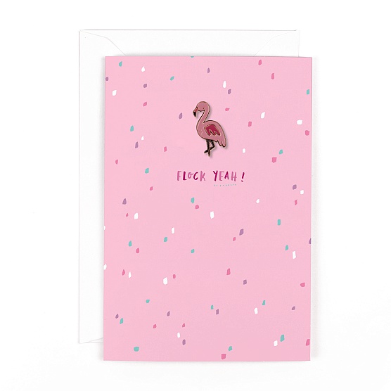 Hotchpotch Flock Yeah Card with Enamel Flamingo Pin 