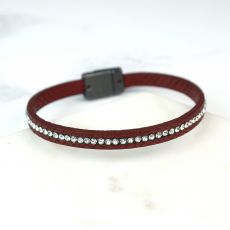 Pom Crystal Chain Leather Bracelet - Red