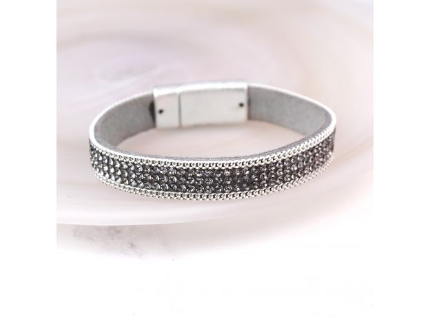 Pom Wide Crystal Chain Leather Bracelet - Grey